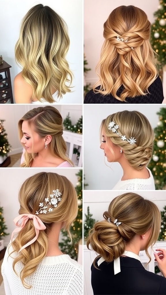 Collage of mid-length Christmas hairstyles including loose waves, half-up half-down, braided crown, sleek low bun, and textured ponytail with festive accessories.